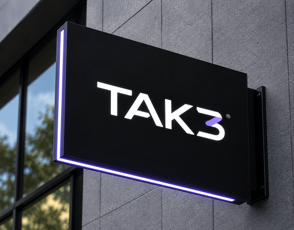 Producción TAK3 frente a un cartel de tienda iluminado, contenido para negocios